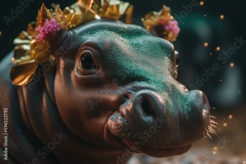 Close-up of a plump baby hippo with festive headgear. Generative AI