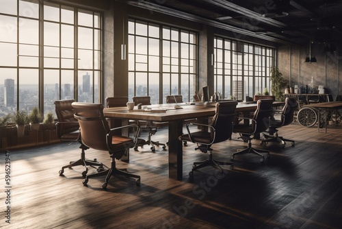 A large wooden conference table surrounded by modern computers and stylish wheelchairs in a spacious loft office with a dark city view background. Generative AI