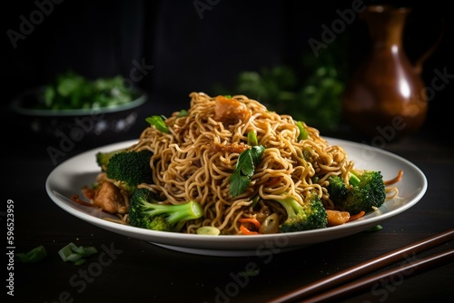Stir-fried noodles with vegetables and protein. Generative AI