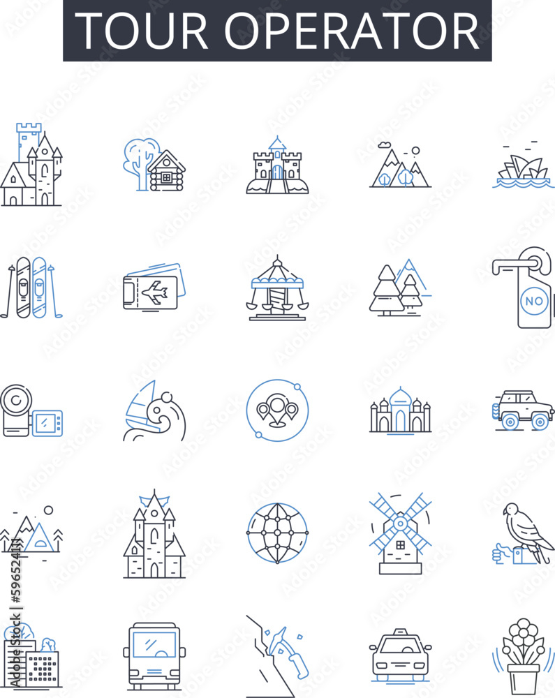 Tour operator line icons collection. Travel agency, Vacation planner, Tour guide, Expedition leader, Adventure organizer, Road trip expert, Getaway guru vector and linear illustration. Generative AI