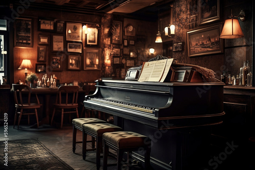 A bar with a piano, chairs, and old clocks, picture frames surround, retro English pub, Jazz bar, generative ai photo