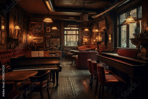 A bar with a piano, chairs, and old clocks, picture frames surround, retro English pub, Jazz bar, generative ai