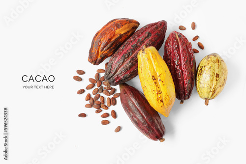 Creative layout made of cacao fruit and cacao beans on white background. Flat lay. Food concept. Macro concept. photo