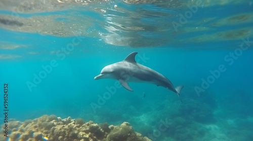Dolphin swimming in the under sea   Beautiful Underwater and colorfull coral in wild nature of the Pacific Ocean