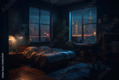 penthouse bedroom at night, dark gloomy with city sky view, A room with a view of the city from the bed, generative ai