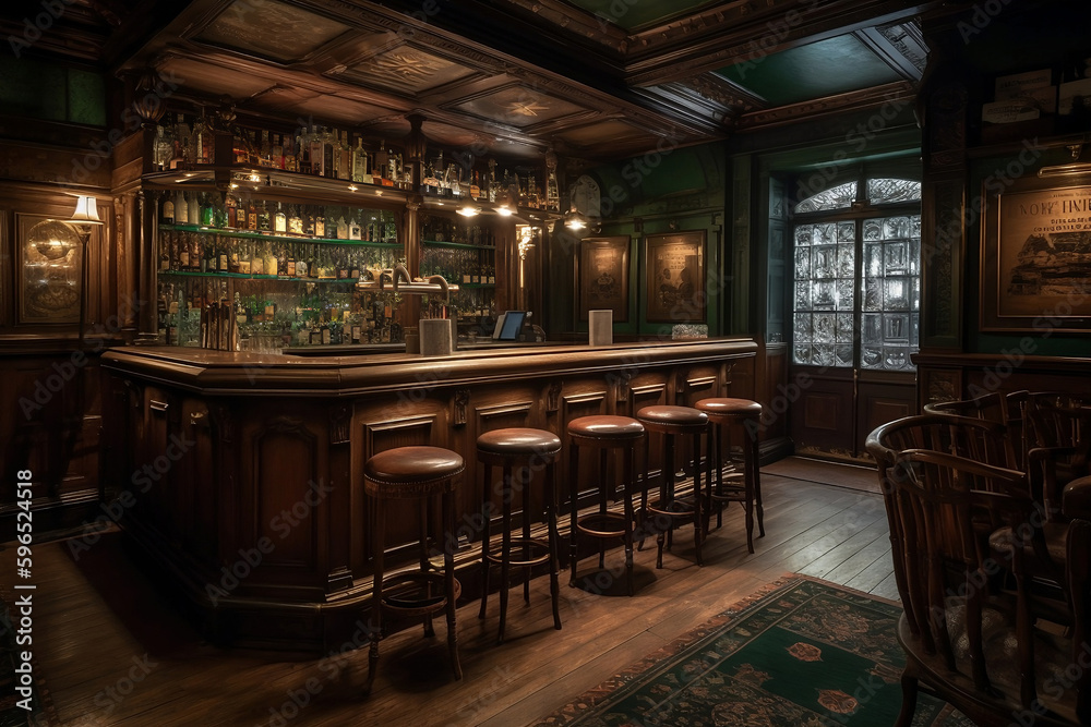 illustration of irish pub, retro classic wooden bub, vintage European bar, A tavern with tables and chairs located in a small interior, generative ai