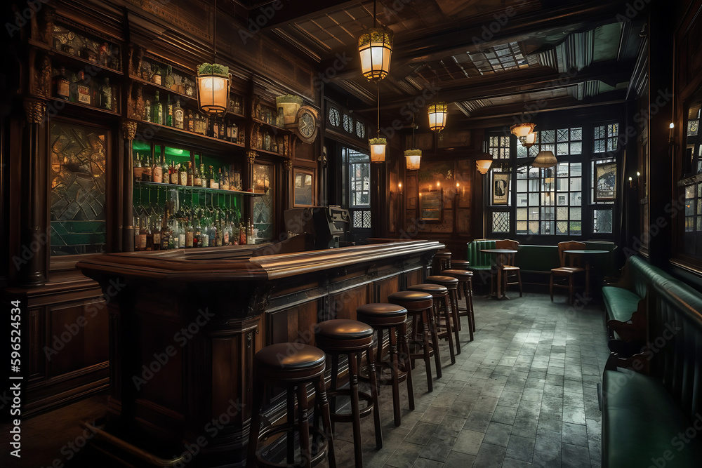 illustration of irish pub, retro classic wooden bub, vintage European bar, A tavern with tables and chairs located in a small interior, generative ai