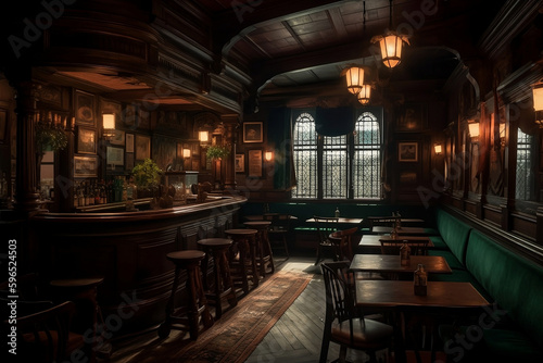 illustration of irish pub, retro classic wooden bub, vintage European bar, A tavern with tables and chairs located in a small interior, generative ai