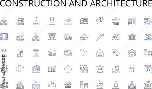 Construction and architecture line icons collection. Expansion, Scale, Advancement, Progress, Success, Development, Flourishing vector and linear illustration. Generative AI
