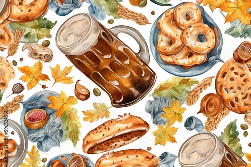 Oktoberfest themed seamless pattern featuring festival food, beer and hops in watercolor style. Generative AI