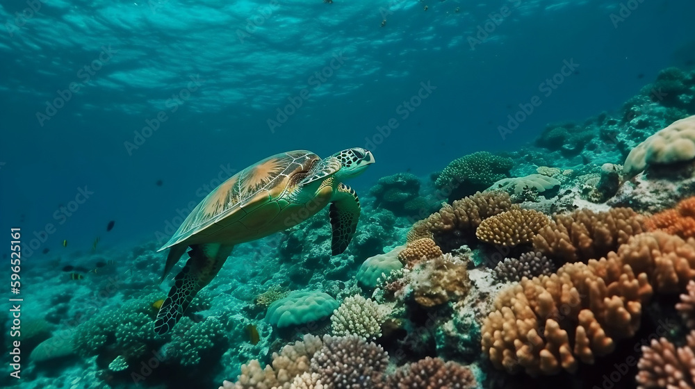Sea turtle swimming in the under sea , Beautiful Underwater and colorfull coral in wild nature of the Pacific Ocean Sea turtle swimming in the under sea , Beautiful Underwater and colorfull coral in wild nature of the Pacific Ocean