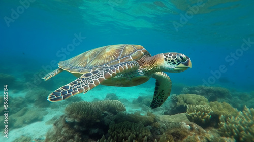 Sea turtle swimming in the under sea   Beautiful Underwater and colorfull coral in wild nature of the Pacific Ocean 
