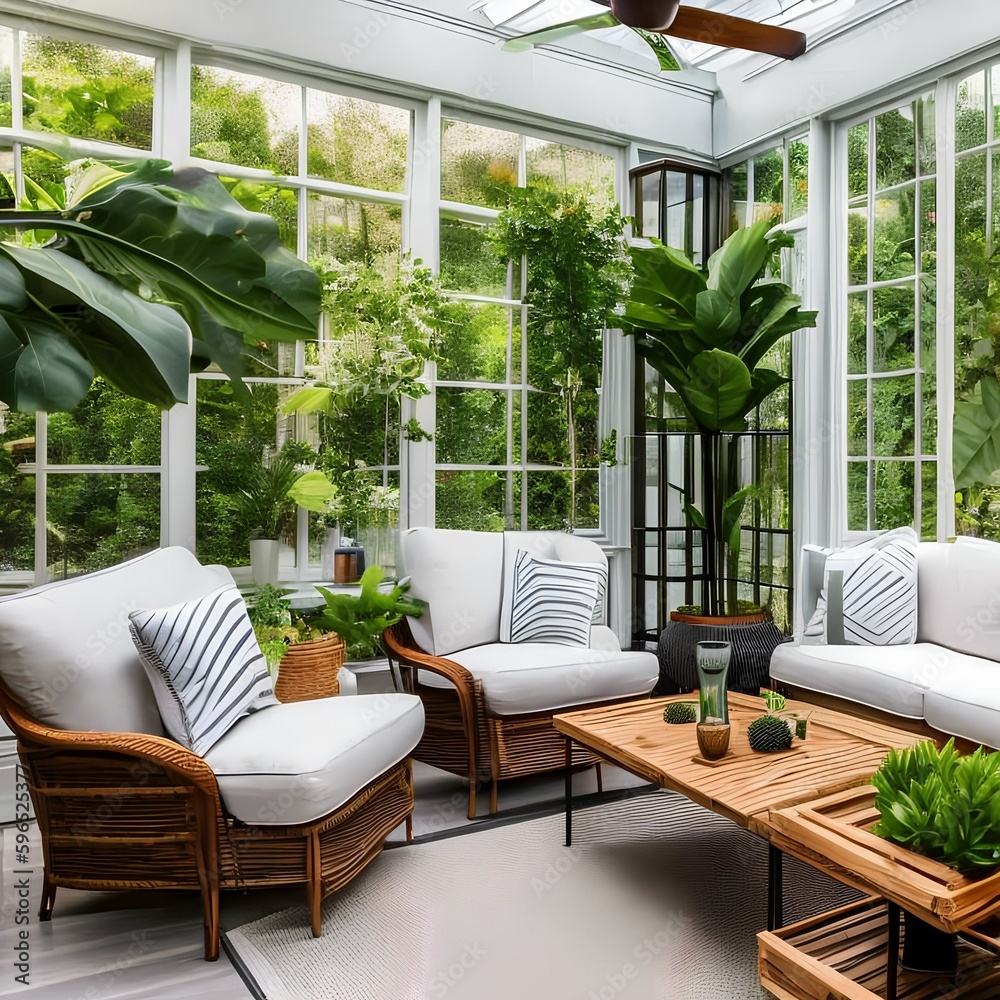 A bright and airy sunroom with plenty of plants and natural light1, Generative AI
