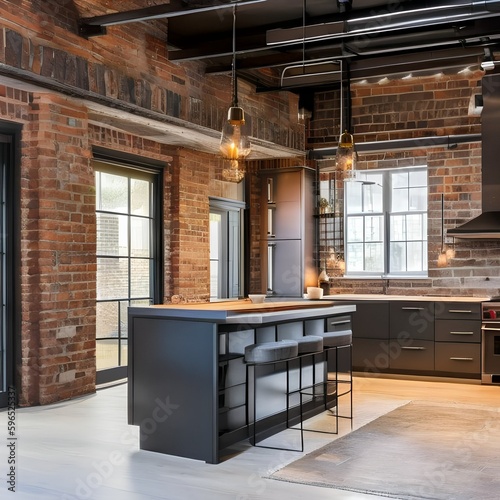 An industrial-inspired kitchen with exposed brick walls and metal accents4, Generative AI