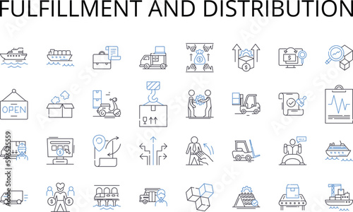 Fulfillment and Distribution line icons collection. Accomplishment, Delivery, Dispatch, Execution, Provision, Gratification, Dispensation vector and linear illustration. Generative AI