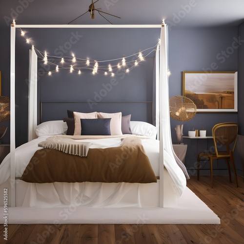 A whimsical bedroom with a canopy bed and fairy lights2, Generative AI photo