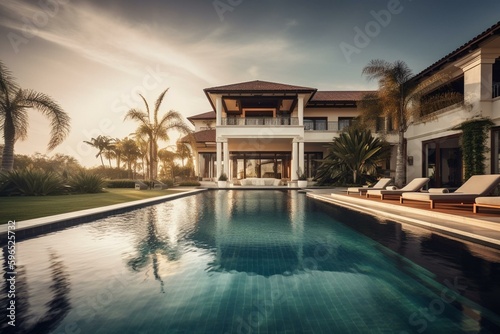 Upscale vacation home with lavish swimming pool. Generative AI © Elowen