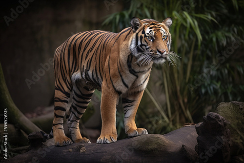 cool sumatra tiger standing on wood