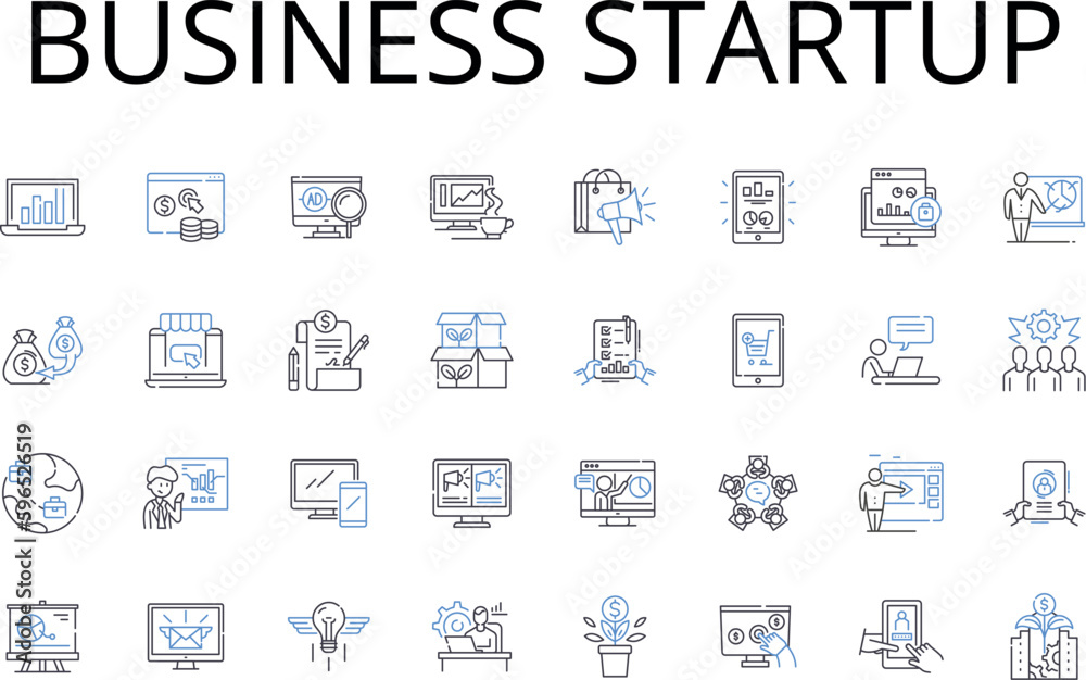 Business startup line icons collection. Entrepreneurial venture, Company launch, New business, Launchpad, Innovative startup, Commercial start, Venture launch vector and linear Generative AI
