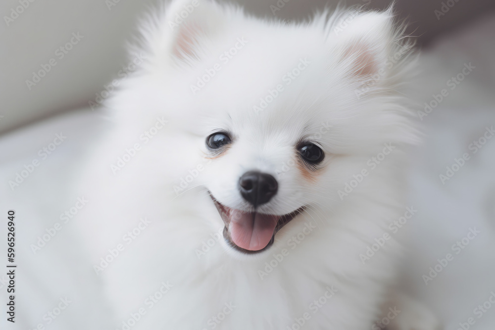 cuddly Pomeranian spitz puppy. An adorable white puppy smiling for the camera. Room to write, generative Ai