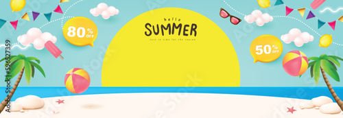Summer poster banner with sun set and summer beach scene design background