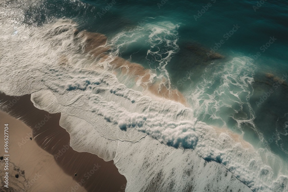 Bird's-eye view of beach waves. Generative AI