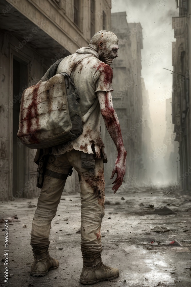 Fototapeta premium Mutated aggressive male zombie walks through the city. Generative AI