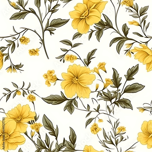 pattern, yellow flowers, white background, in the style of Pierre-Joseph Redouté , Ai generated 