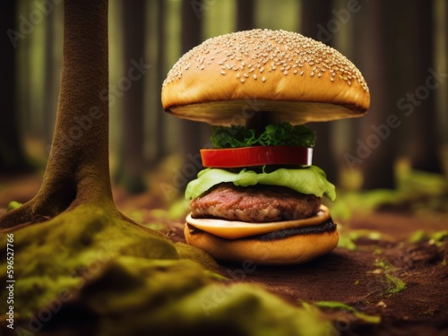 The hamburger grows like a mushroom in the forest. Genetic modification of the fungus. Generative AI