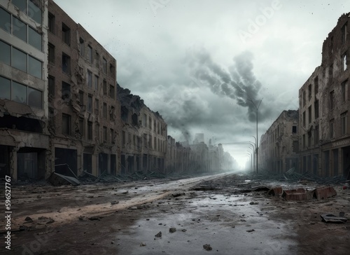 City during the war with destroyed buildings. Generative AI