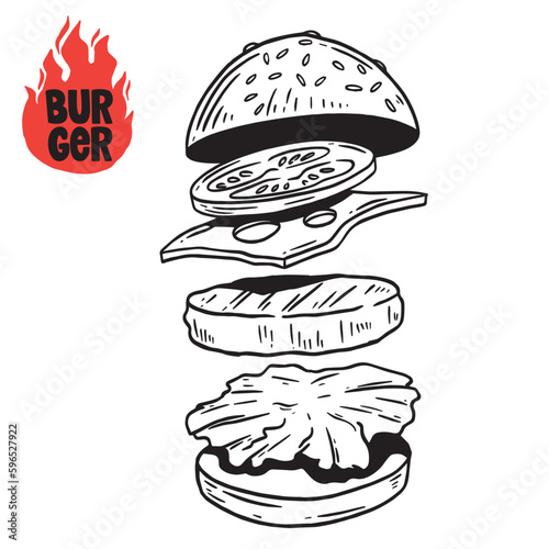 Hand drawn burger vector doodle. Hamburger sketch illustration for print, web and infographics.