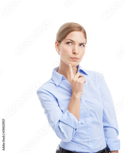 Ideas, thinking and business woman isolated on transparent, png background for professional solution or question. Employee, worker or corporate person doubt, decision or choice for career opportunity