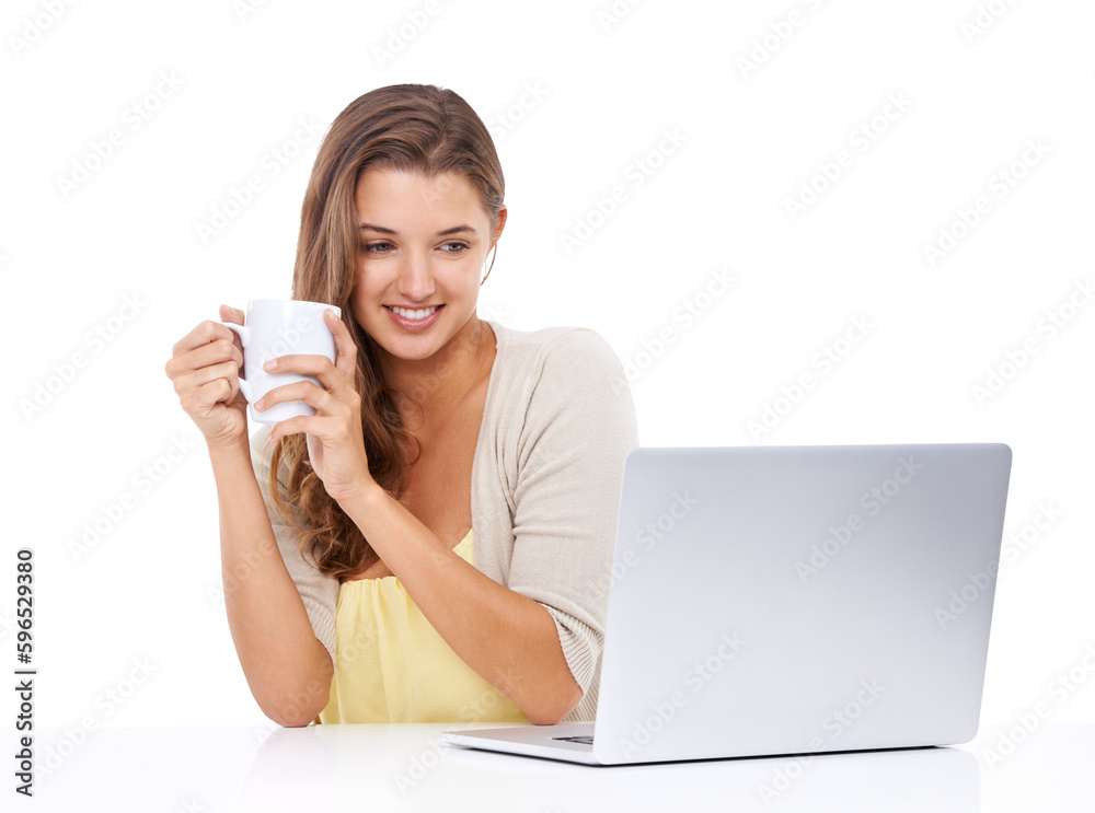 Coffee, laptop and woman streaming video isolated on a transparent png background. Tea, computer and happy female person browsing online, internet scrolling or watching film, movie or web show. Coffee, laptop and woman streaming video isolated on a transparent png background. Tea, computer and happy female person browsing online, internet scrolling or watching film, movie or web show.