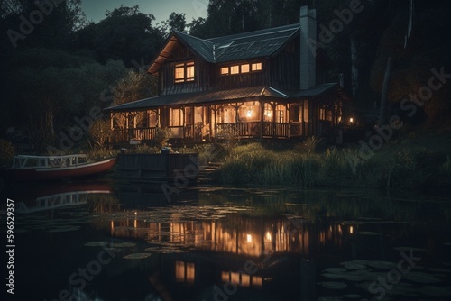 A unique home resting on a peaceful lake. Generative AI