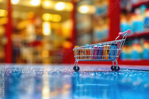 The blurred background of shopping carts and supermarkets