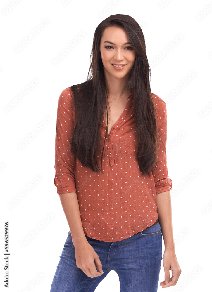 Fototapeta premium Portrait, fashion and trendy with a woman with casual style and confidence. Happy, smile and female model with beauty and youth posing in stylish clothes isolated on a transparent, png background
