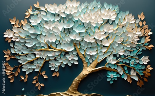 a tree with beautiful white flowers, in the style of light aquamarine and gold, textural surface treatment, matte background, sculptural paper constructions, colourful, porcelain, light green and blue photo