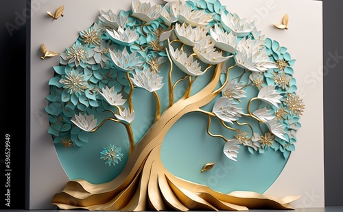 a tree with beautiful white flowers, in the style of light aquamarine and gold, textural surface treatment, matte background, sculptural paper constructions, colourful, porcelain, light green and blue photo