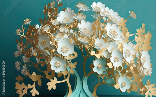 a tree with beautiful white flowers, in the style of light aquamarine and gold, textural surface treatment, matte background, sculptural paper constructions, colourful, porcelain, light green and blue photo