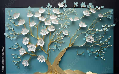 a tree with beautiful white flowers, in the style of light aquamarine and gold, textural surface treatment, matte background, sculptural paper constructions, colourful, porcelain, light green and blue photo