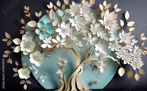 a tree with beautiful white flowers, in the style of light aquamarine and gold, textural surface treatment, matte background, sculptural paper constructions, colourful, porcelain, light green and blue photo