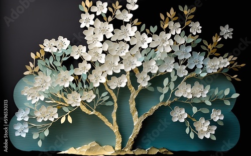 a tree with beautiful white flowers, in the style of light aquamarine and gold, textural surface treatment, matte background, sculptural paper constructions, colourful, porcelain, light green and blue photo