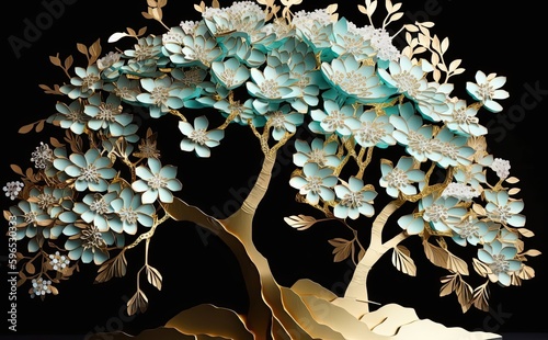 a tree with beautiful white flowers, in the style of light aquamarine and gold, textural surface treatment, matte background, sculptural paper constructions, colourful, porcelain, light green and blue photo