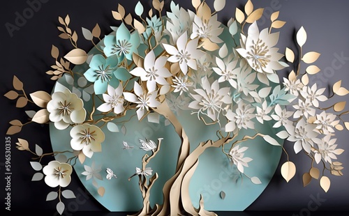 a tree with beautiful white flowers, in the style of light aquamarine and gold, textural surface treatment, matte background, sculptural paper constructions, colourful, porcelain, light green and blue photo
