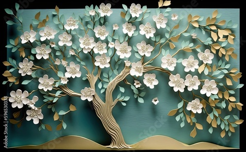 a tree with beautiful white flowers, in the style of light aquamarine and gold, textural surface treatment, matte background, sculptural paper constructions, colourful, porcelain, light green and blue photo