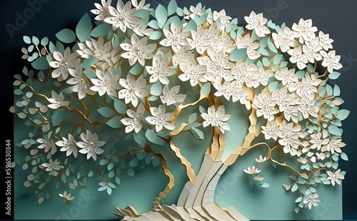 a tree with beautiful white flowers, in the style of light aquamarine and gold, textural surface treatment, matte background, sculptural paper constructions, colourful, porcelain, light green and blue photo