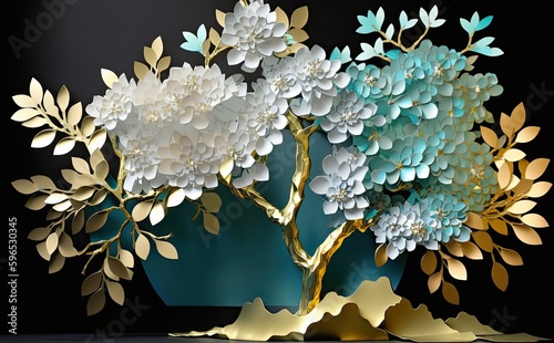 a tree with beautiful white flowers, in the style of light aquamarine and gold, textural surface treatment, matte background, sculptural paper constructions, colourful, porcelain, light green and blue photo