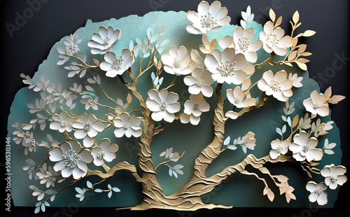 a tree with beautiful white flowers, in the style of light aquamarine and gold, textural surface treatment, matte background, sculptural paper constructions, colourful, porcelain, light green and blue photo