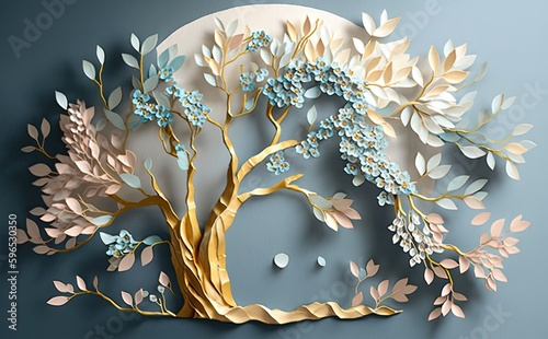 a tree with beautiful white flowers, in the style of light aquamarine and gold, textural surface treatment, matte background, sculptural paper constructions, colourful, porcelain, light green and blue photo