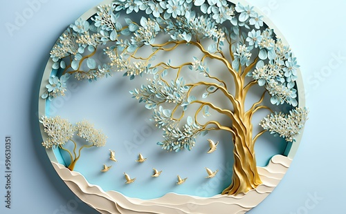 a tree with beautiful white flowers, in the style of light aquamarine and gold, textural surface treatment, matte background, sculptural paper constructions, colourful, porcelain, light green and blue photo
